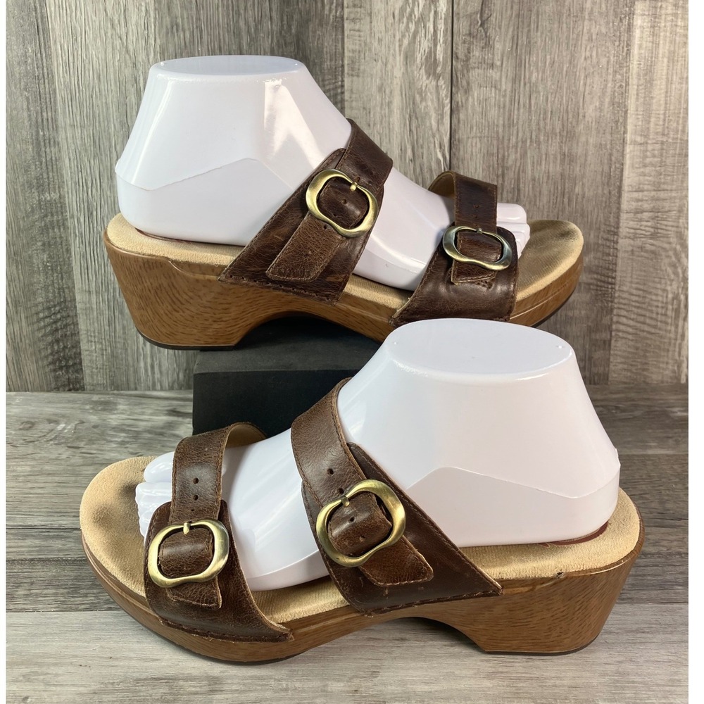 Dansko Brown Leather Double Buckle Slide Wedge Sandals Size 39 9841677000